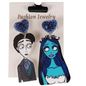 Corpse Bride Earring Victor Emily Blue Glitter Heart Dangle Fashion Jewelry 2.5"